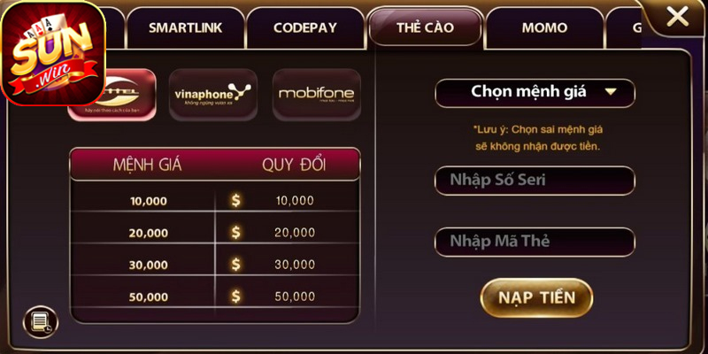 Hỗ trợ nhiều phương thức nạp tiền Sunwin tiện lợi linh hoạt
