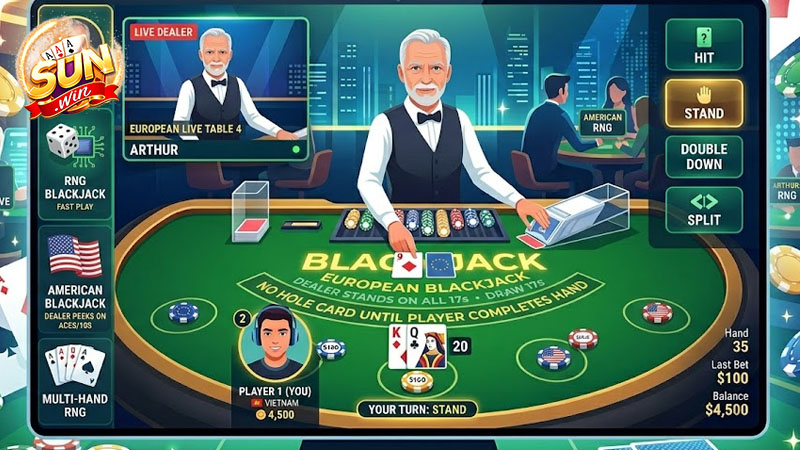 Blackjack Online có nhiều biến thể như RNG, Live Dealer, European và American Blackjack